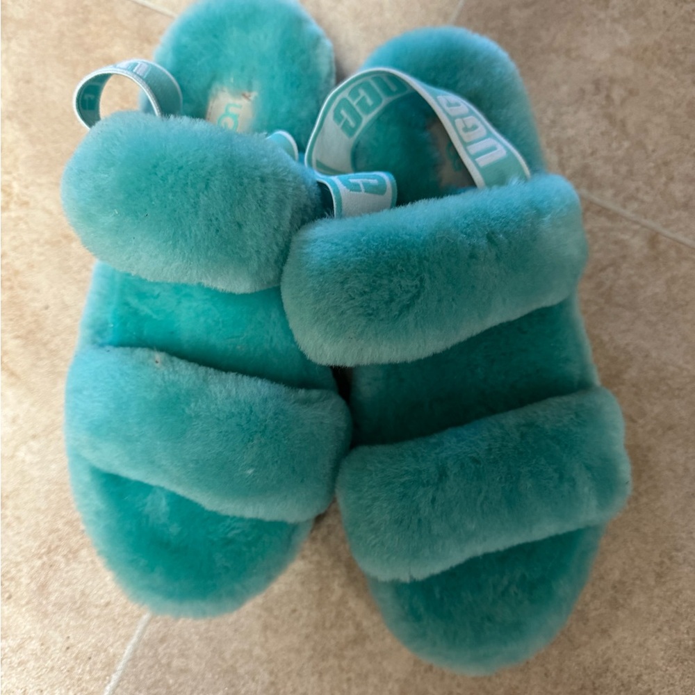 Ugg fluff slippers with sling back logo strap